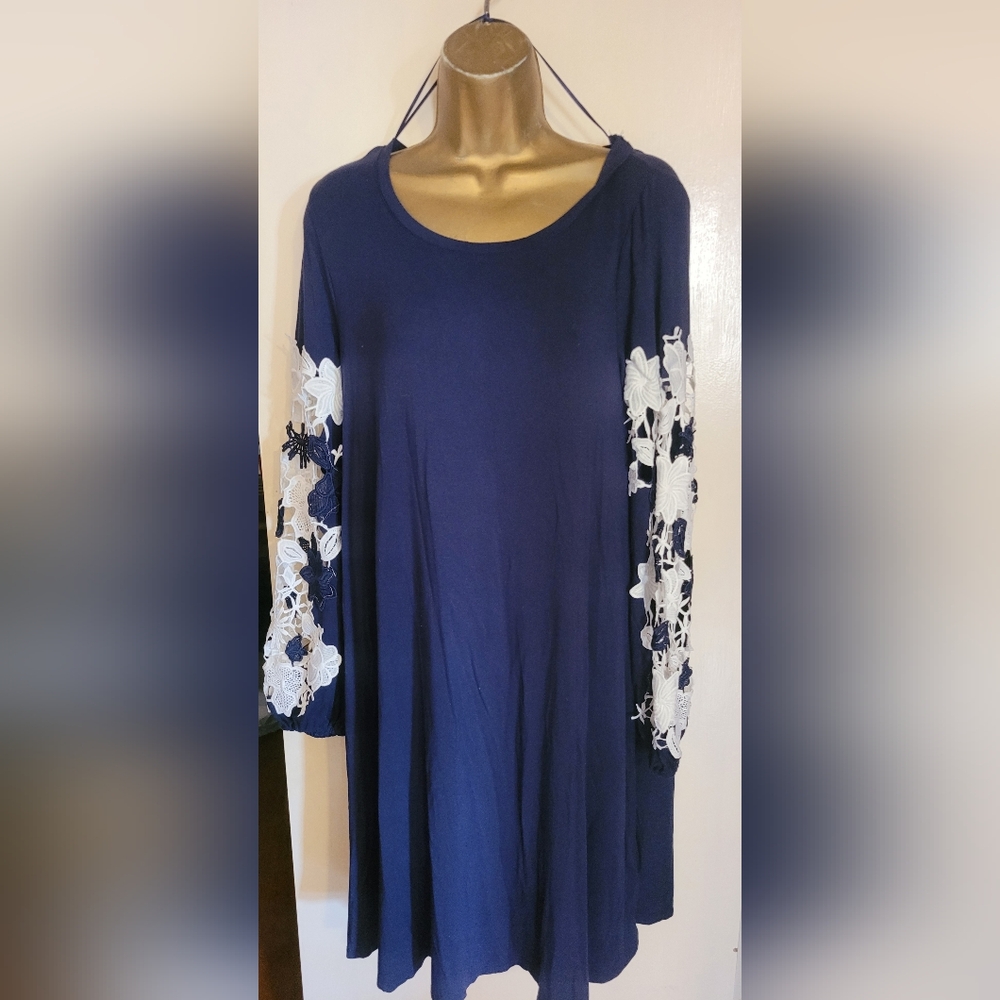 Spense Navy Dress with White Floral Sleeves